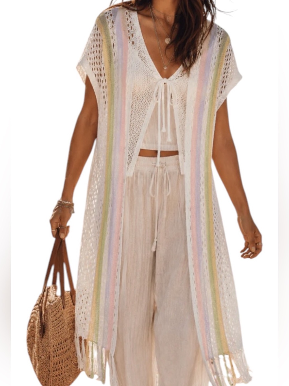 S114 Endless Blu Soft Sleeveless Crochet Tassel Cardigan White w Pastel Tie Fron